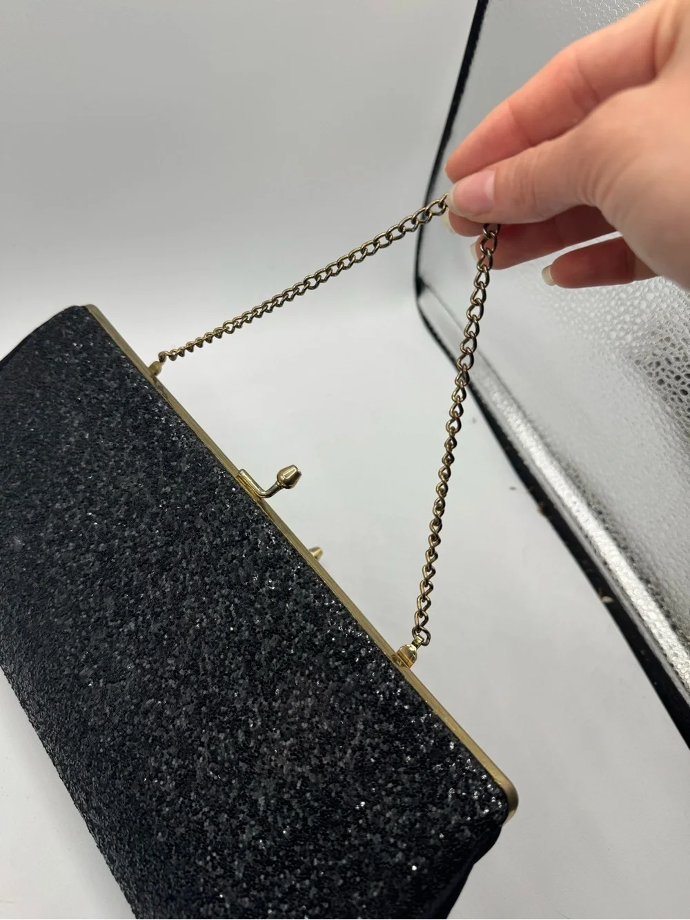 Vintage Black Sparkling Clutch Bag With Brass Trim
